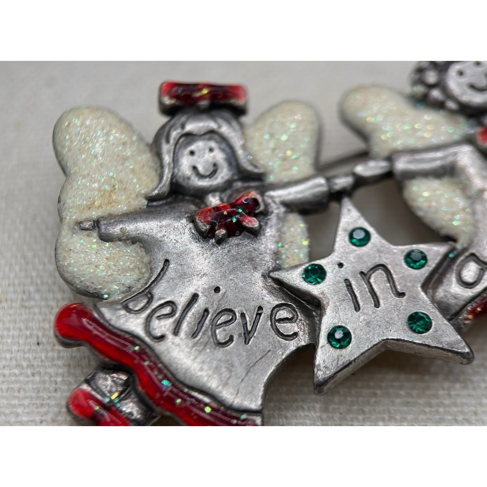 Vintage AJMC Christmas Angel Pin Brooch "Believe in Angels" Glitter Enamel